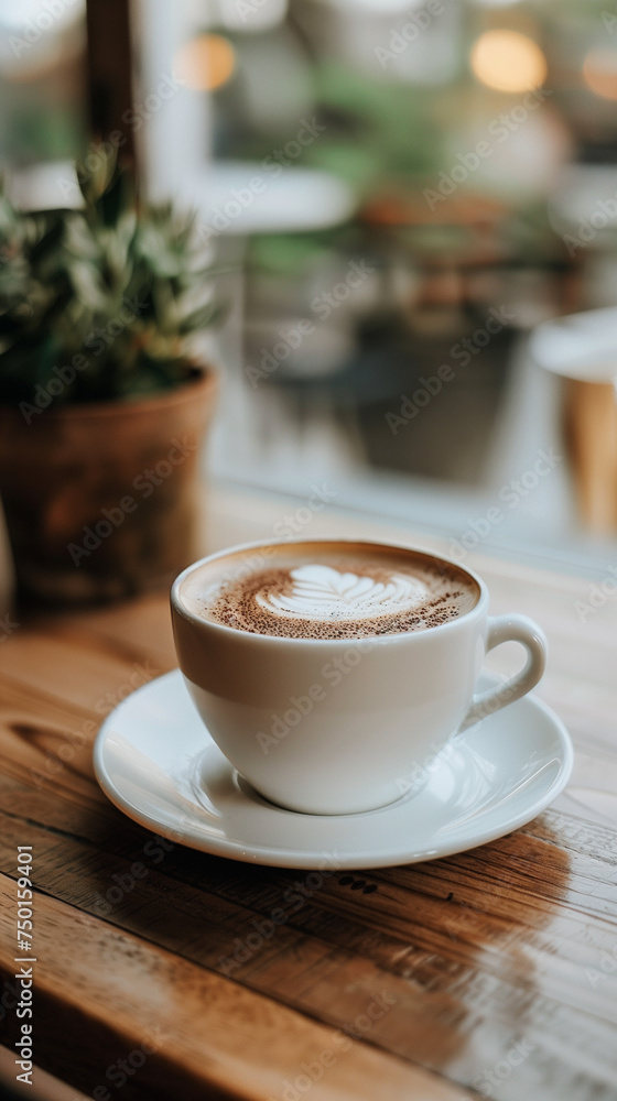 vertical photo of A cup of cappuccino on a coffee house bistro table vertical photo of A cup of cappuccino on a coffee house bistro table