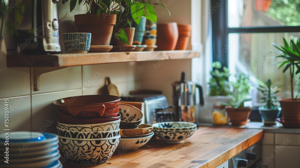 table in a kitchen with mokka and bowls