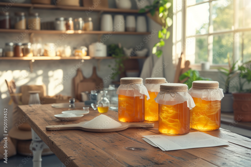 A row of jars of homemade healthy fermented beverage kombucha, tea mushroom, stands on the wooden table of the home kitchen next to the recipe and ingredients. A row of jars of homemade healthy fermented beverage kombucha, tea mushroom, stands on the wooden table of the home kitchen next to the recipe and ingredients.