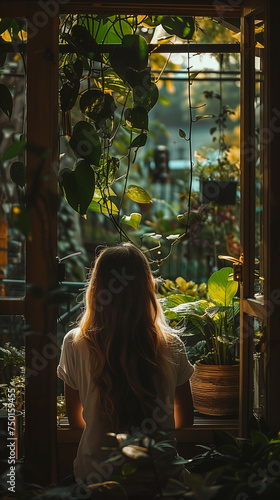 vertical photo of woman in the window full of house plants arroung photo