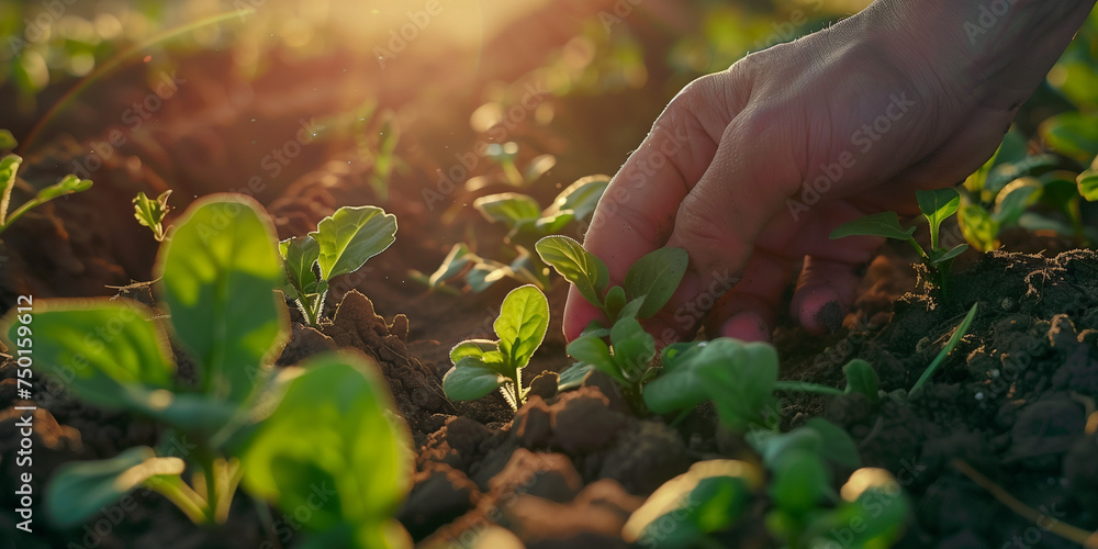 Fototapeta premium thinning out the young seedlings in the garden two weeks after seeding