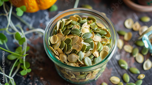 A jar of collected pumpkin seeds for roasting and eating photo