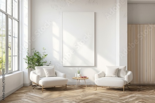 A white room with a large white wall and two white chairs