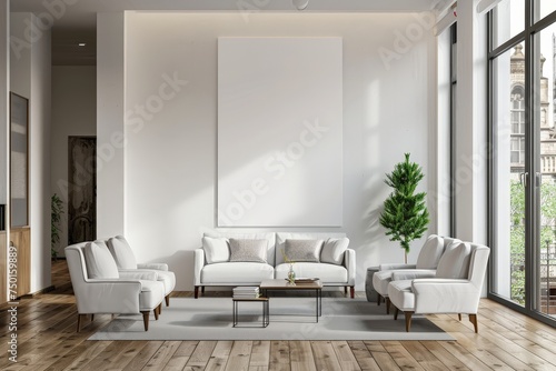 A white living room with a large white wall and a white couch