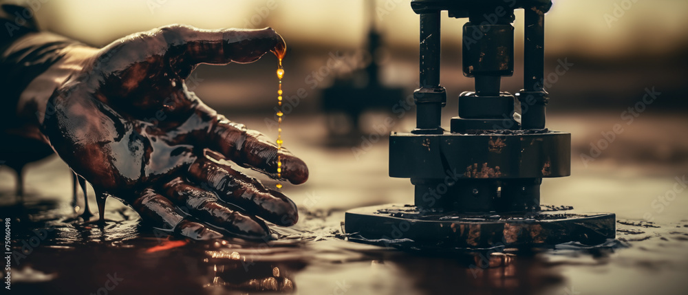 Crude oil production. Hands of worker in crude oil. Oil spilled in hands of worker during crude extraction. Oilfield Accident. Spilled petroleum products. Oil industry Crisis. Economic downturn - obrazy, fototapety, plakaty 