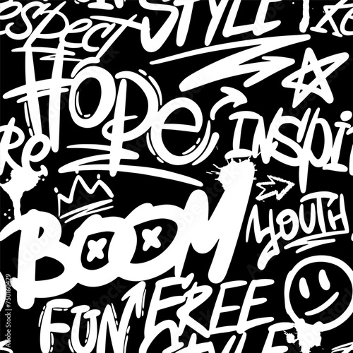 Иллюстрация без названияAbstract seamless chaotic pattern with urban graffiti words, scuffed and sprays. Grunge texture background. Wallpaper for boys. Fashion sport style