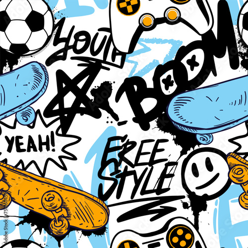 Иллюстрация без названияAbstract seamless grunge pattern for boy. Urban style modern background with colorful skateboards. Sport extreme style creative wallpaper for guys.