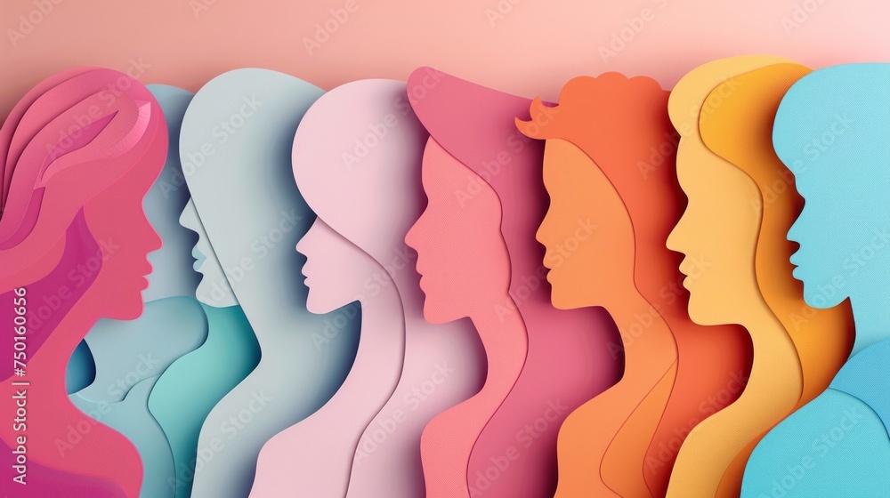 Celebrating Diversity: Women's Day Poster with Multicultural Female Faces in Paper Cut Art Generative AI