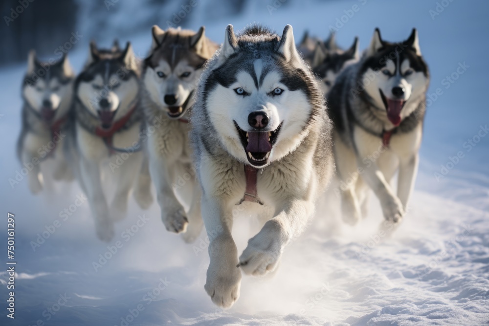 team of malamutes is running through the snow. northern sled dogs.