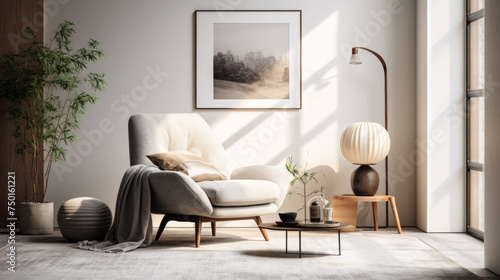 A modern living room with a grey armchair, minimalistic art prints, and a white shag rug © Textures & Patterns