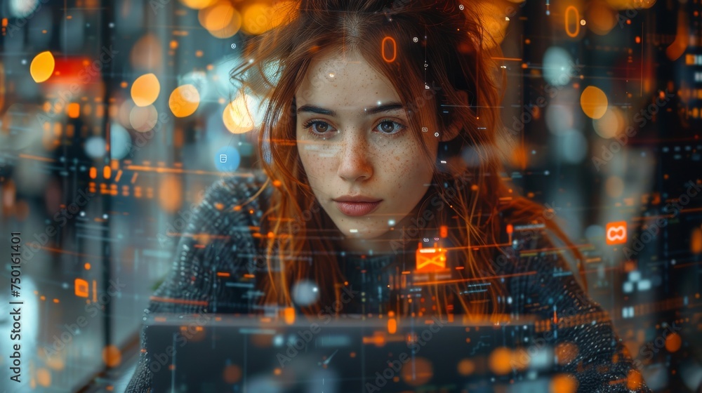 The freelancer of the future may be working with a holographic projection surrounding them. In a cafe, a young woman works with her laptop and phone under the gaze of a holographic projection. - obrazy, fototapety, plakaty 