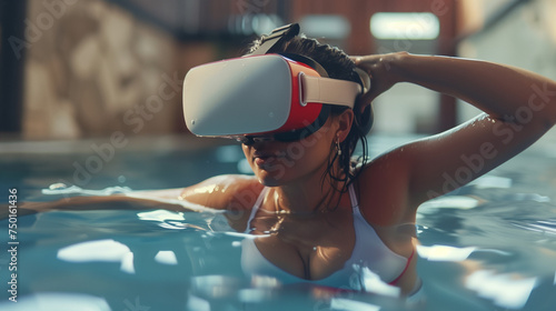 Woman in Waterproof VR Headset Enjoying Swimming Simulation © aimired