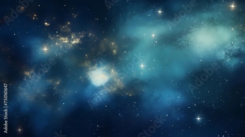 abstract cosmic dark blue and light gold interstellar nebulae, glittery and shiny, bokeh effect background