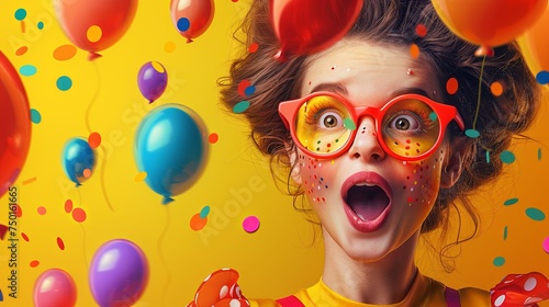 funny girl in red glasses among colorful balloons, April Fools Funny Banner
