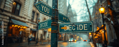 Green street signs with arrows pointing in opposite directions with the words YOU DECIDE suggesting a choice, decision making, or crossroads in life or business photo