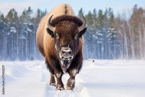 Majestic bison in winter frost - stunning image of a bison in snowy landscape during cold season