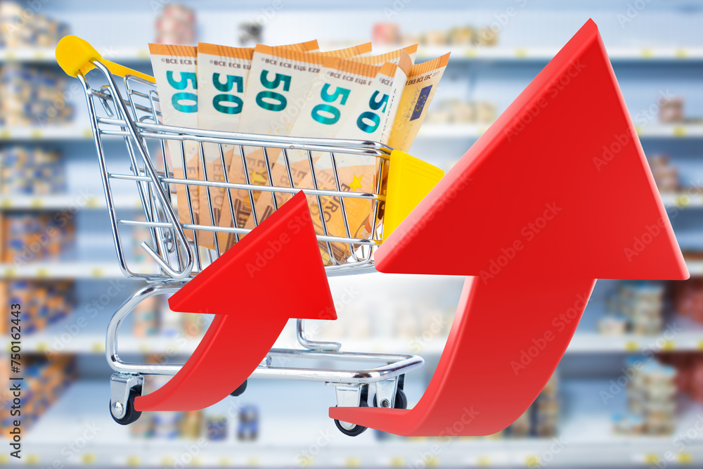Food inflation. Supermarket trolley with euro bills. Up arrows are