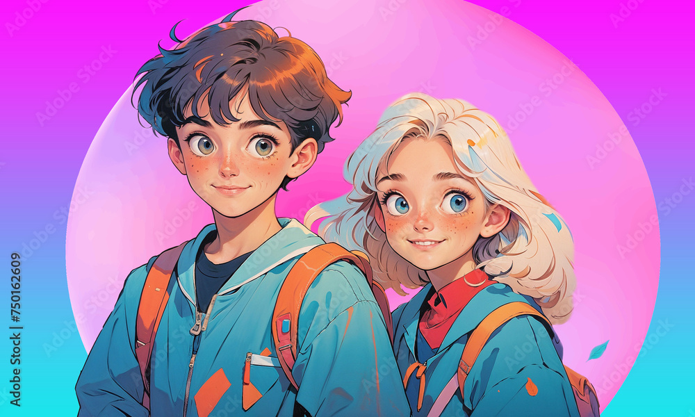 Cartoon illustration of happy cute school kids boy and girl. Vivid colors, digital artwork. Cartoon illustration of happy cute school kids boy and girl. Vivid colors, digital artwork.