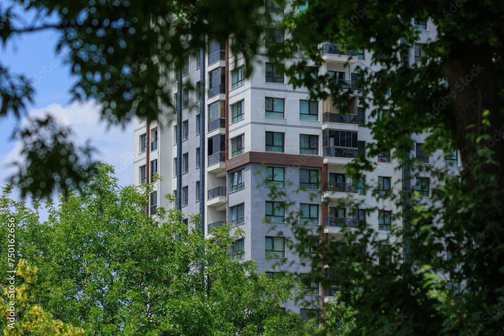 View of buildings and houses in public places in Turkey, sunny summer day