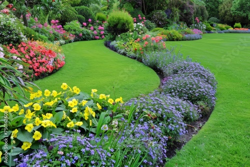 A garden with a green grass border and colorful flowers