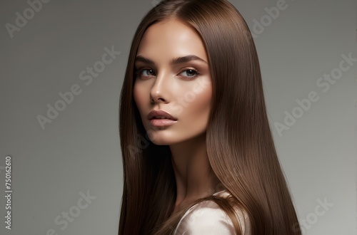 Elegant Model Showcasing Healthy, Long, Straight Brown Hair and Smooth, Glowing Skin, Perfect for Promoting Hair and Skincare Products
