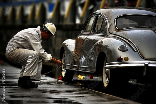 Skilled mechanics collaborating to restore classic car to former glory in group effort