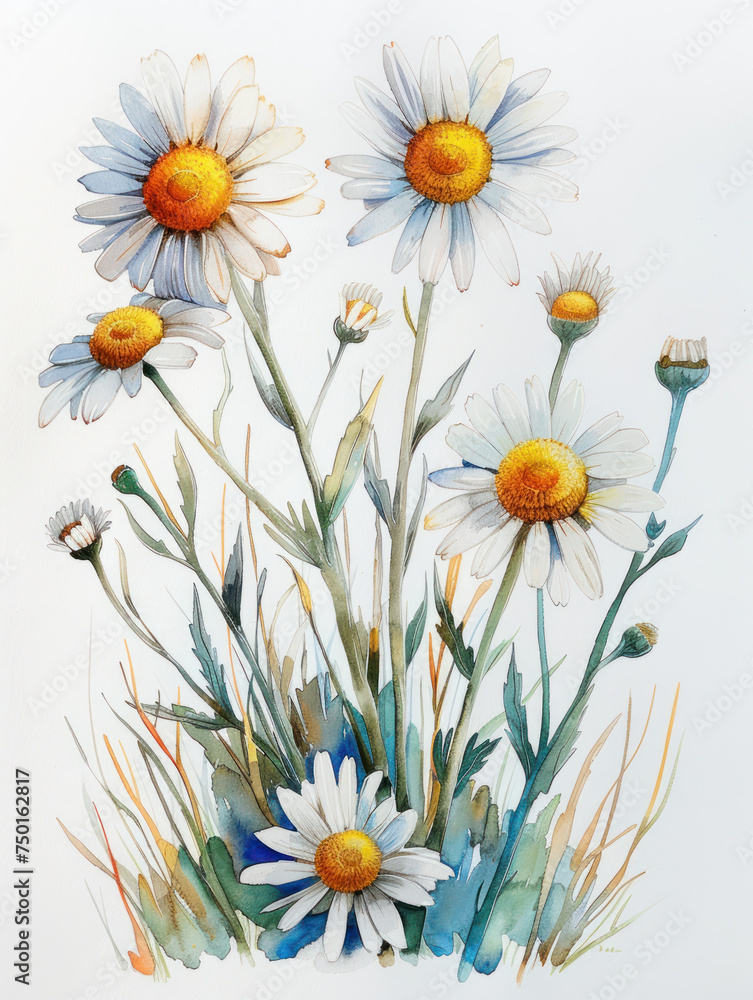 Fototapeta premium colorful chamomile watercolor illustration isolated 