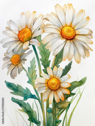 colorful chamomile watercolor illustration isolated 