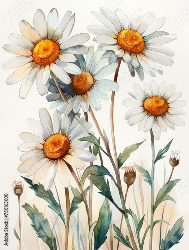 colorful chamomile watercolor illustration isolated 