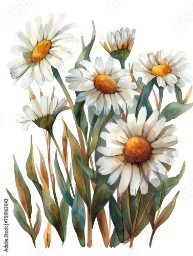 colorful chamomile watercolor illustration isolated 