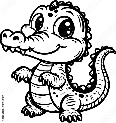 Cute baby crocodile black outline vector illustration. Coloring book for kids.