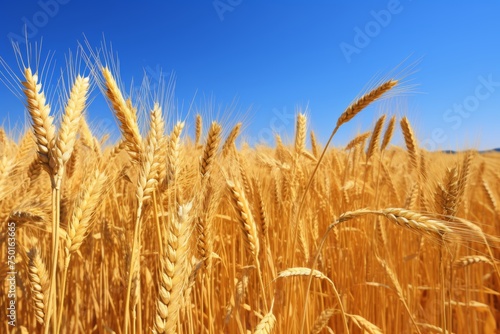Landscape of clear blue sky and golden wheat fields  reminiscent of the ukrainian flag