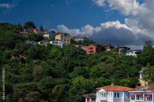 View of buildings and houses in public places in Turkey, sunny summer day