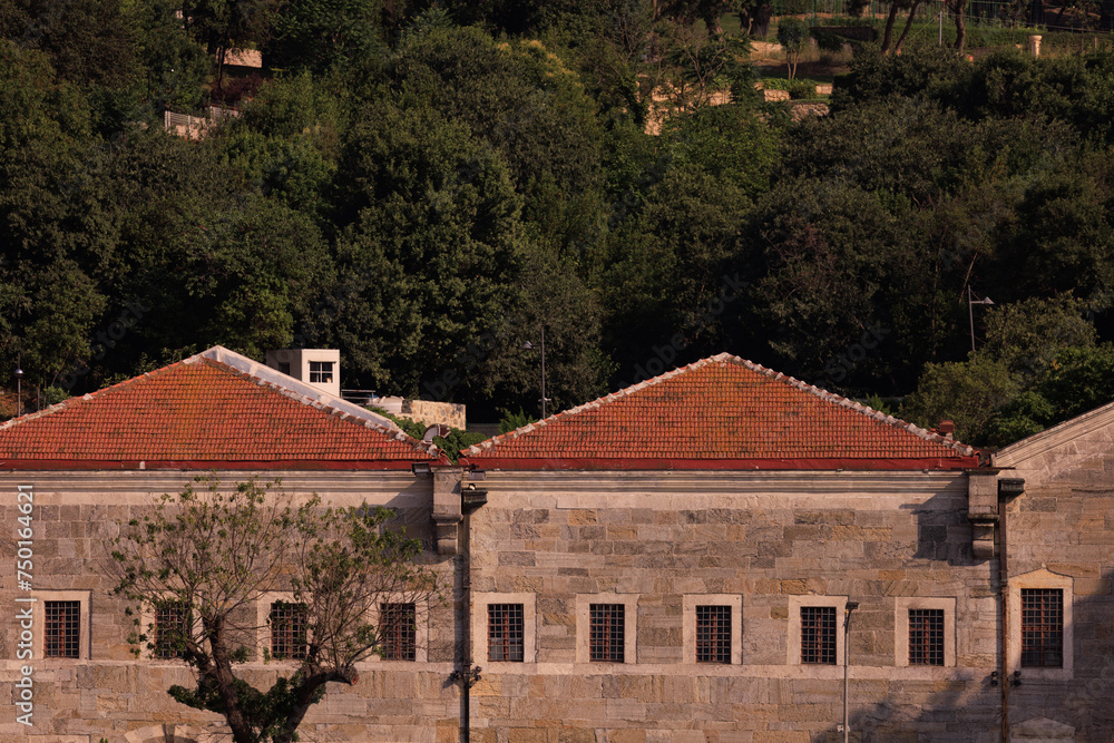 View of buildings and houses in public places in Turkey, sunny summer day