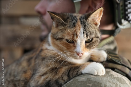 Ukrainian soldier with little stray cat, closeup © New Africa