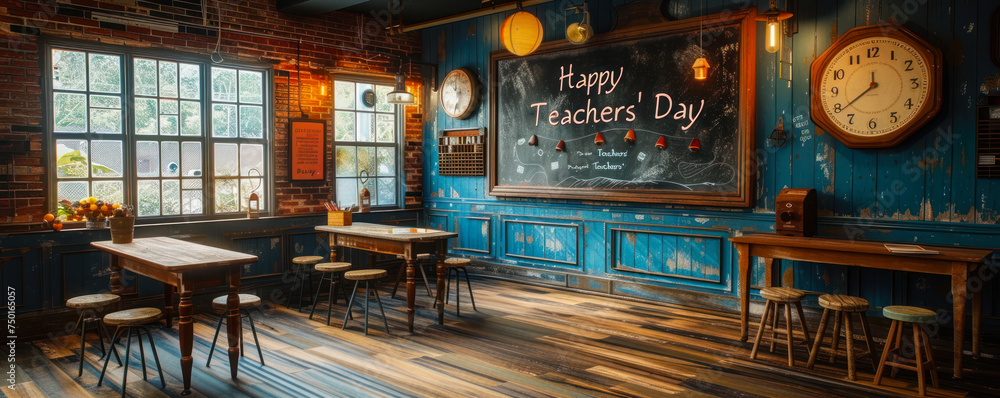 Vintage classroom with chalkboard celebrating Happy Teachers Day', featuring old wooden desks, a classic bell, and a nostalgic ambiance