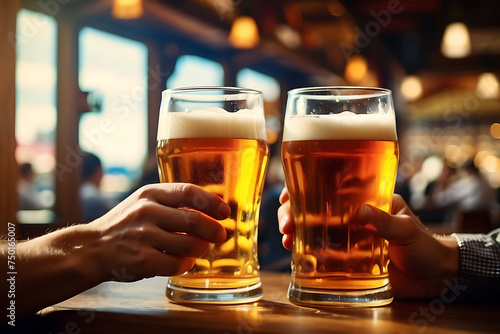 Two friends toasting with glasses of light beer at the pub. Beautiful background of the Oktoberfest. fine grain. Soft focus.