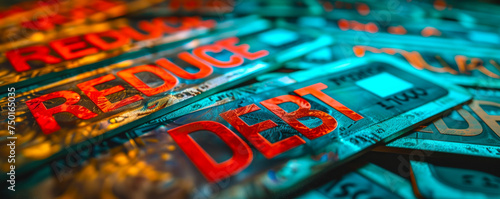 Bold REDUCE DEBT message with red and green arrows, signifying strategies to lower financial burden and emphasizing fiscal responsibility photo