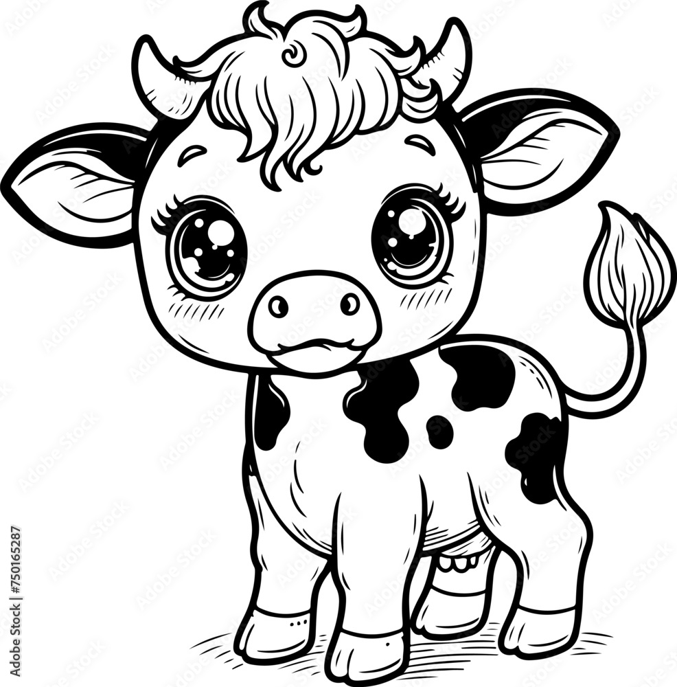 Obraz premium Cute baby cow black outline vector illustration. Coloring book for kids.