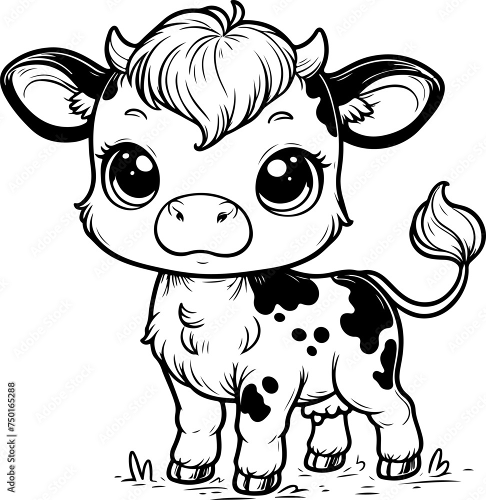 Obraz premium Cute baby cow black outline vector illustration. Coloring book for kids.