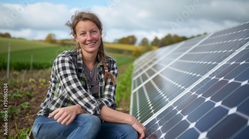 Smiling modern german farmer with solar energy. Green Innovation. 