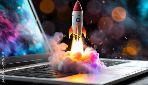 Futuristic rocket ship take off launching from sleek silver laptop