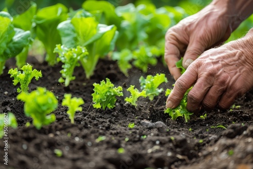 A man is planting lettuce in a garden