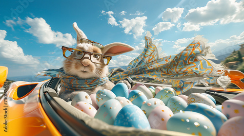High-end commercial photography of a stylish Easter bunny driving a sports car
