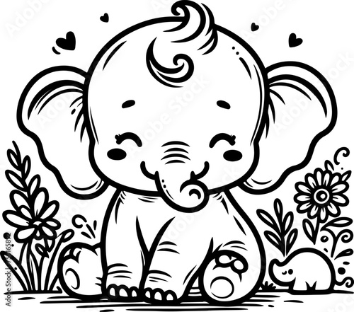 Cute baby elephant black outline vector illustration. Coloring book for kids.