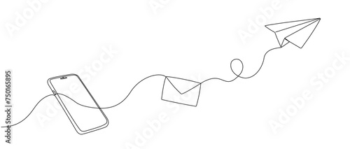 Continuous single line editable drawing of an envelope flying out and a paper airplane from a smartphone. Concept of mobile chat messages, in simple doodle style. Vector illustration