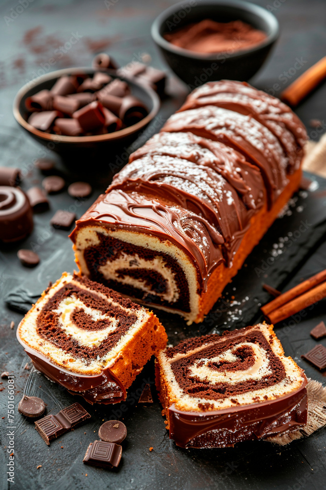 Sponge roll with chocolate. Selective focus. Sponge roll with chocolate. Selective focus.