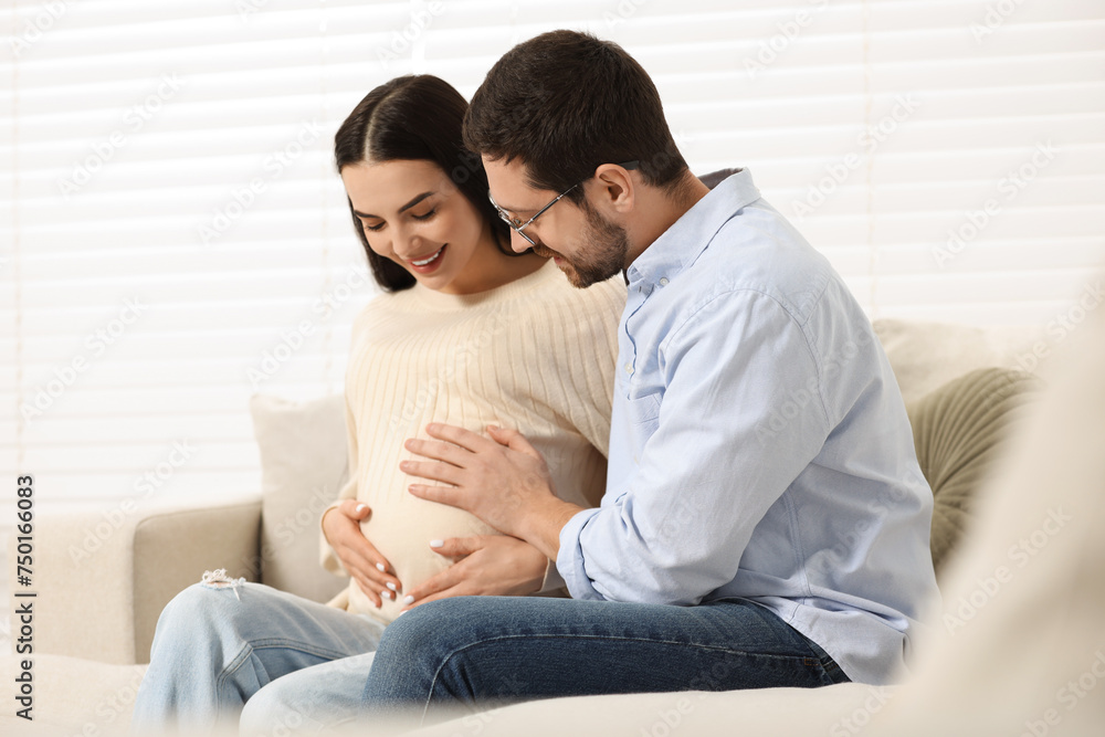 Happy pregnant woman spending time with her husband on sofa at home Happy pregnant woman spending time with her husband on sofa at home