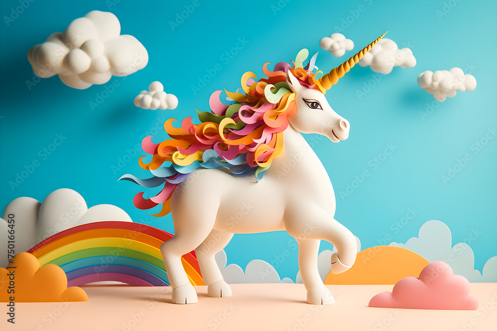Fototapeta premium 3d Unicorn with rainbow and clouds in the sky, Ai Generated