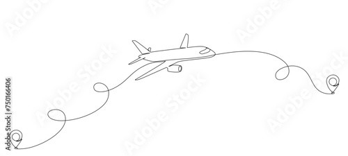 Airplane flight routes drawn with a single editable line. Continuous single line vector drawing of destination at airports. Airplane flight concept with the location of the start and end point of the 